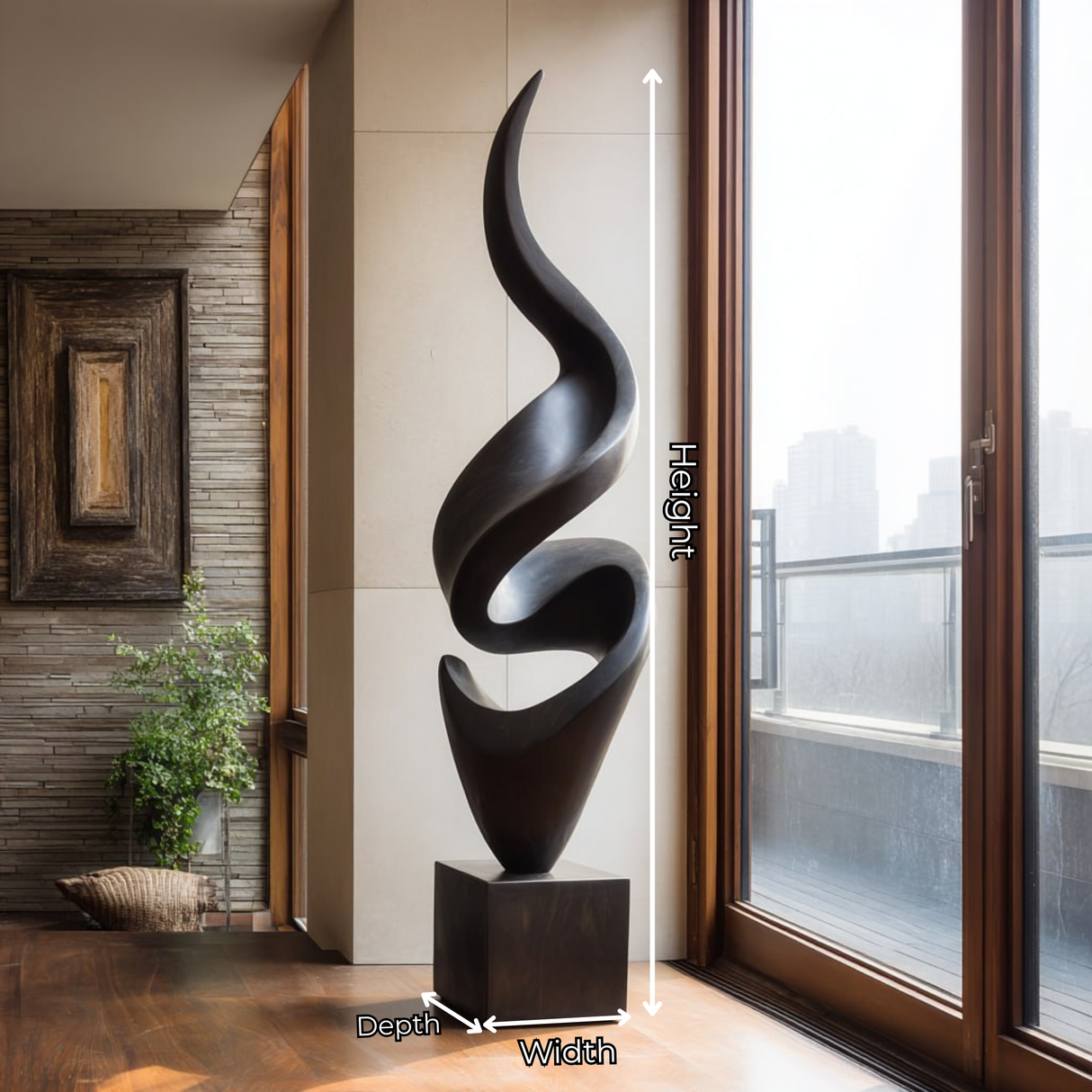 Tall Spiral Solid Wood Floor Sculpture with Plinth for Modern Living Rooms