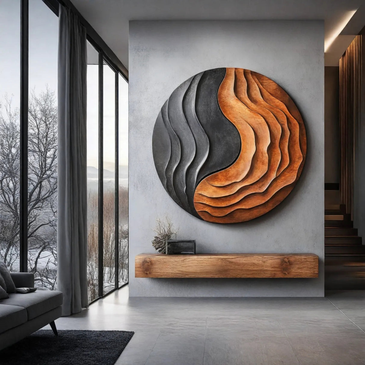 Solid Wood Wall Art with Flowing Contour Relief