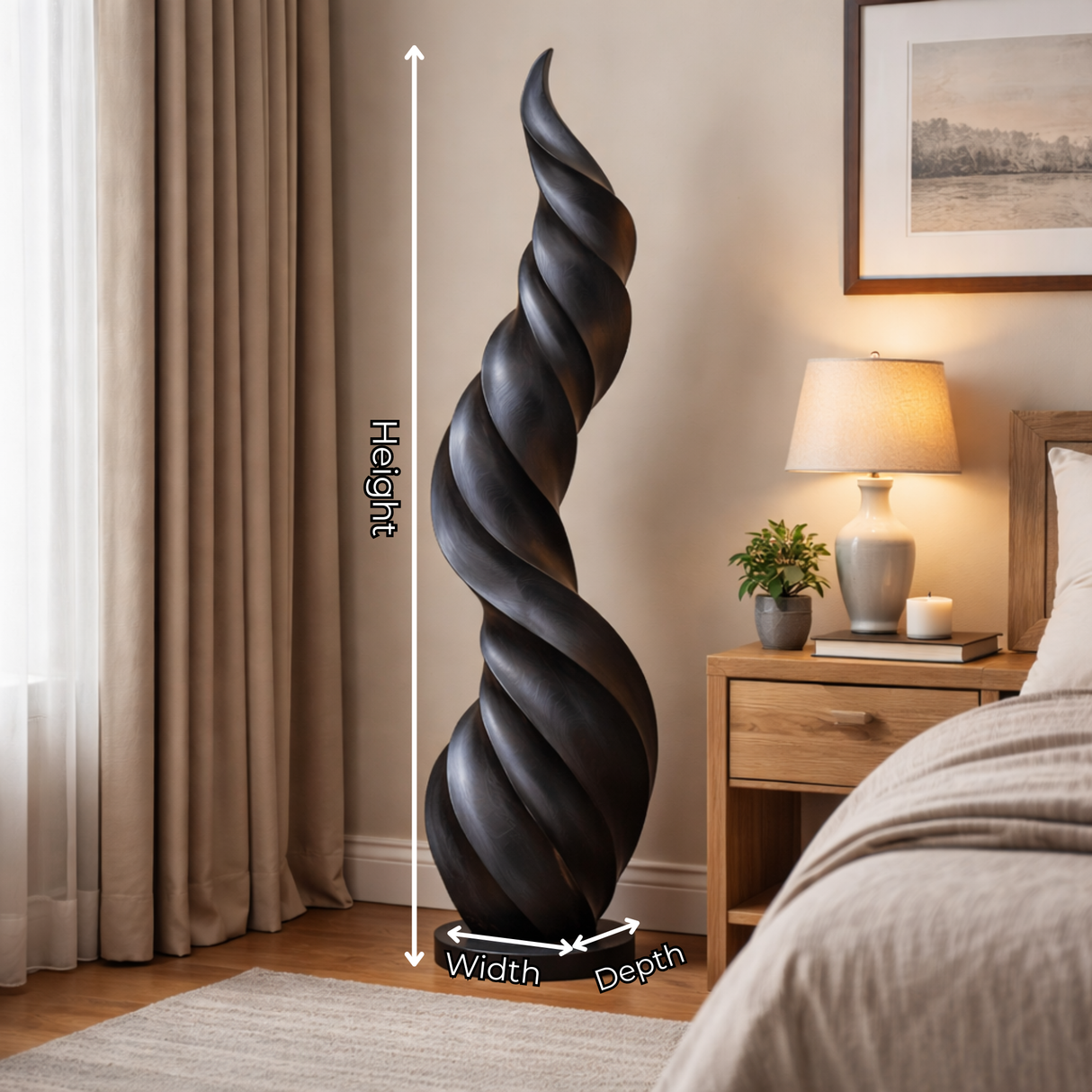 Tall Solid Wood Twisted Flame Sculpture for Entryways and Modern Spaces