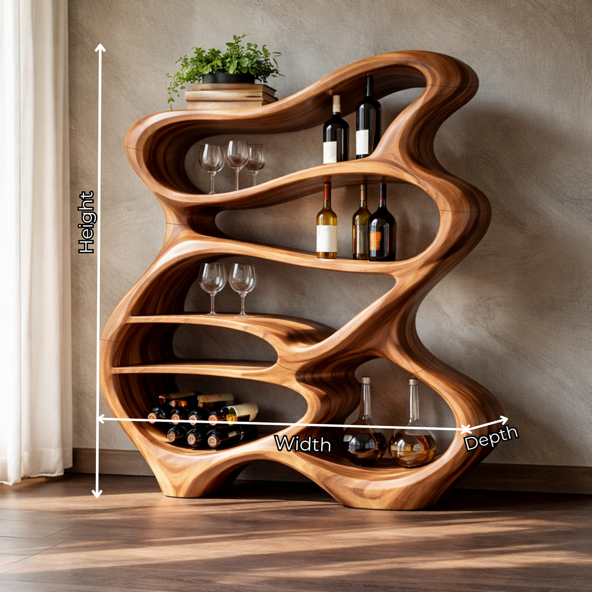 Handcrafted Solid Wood Bar Cabinet with Organic Open Shelves for Living Room