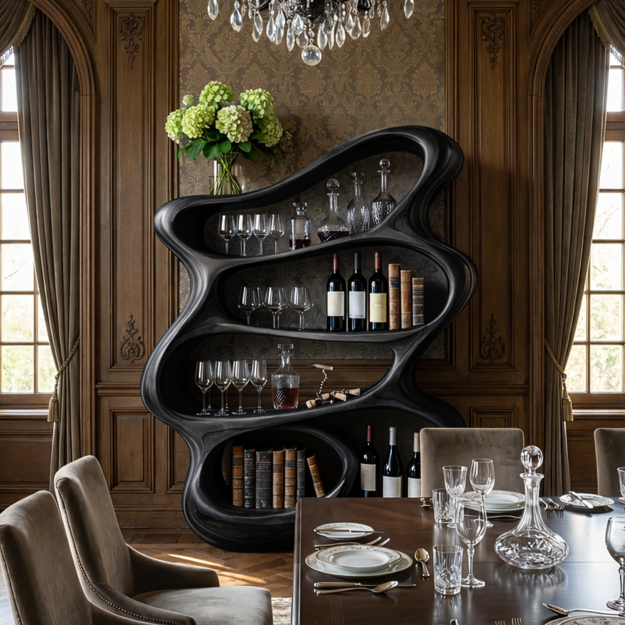 Handcrafted Solid Wood Wine Rack Cabinet with Flowing Open Shelves