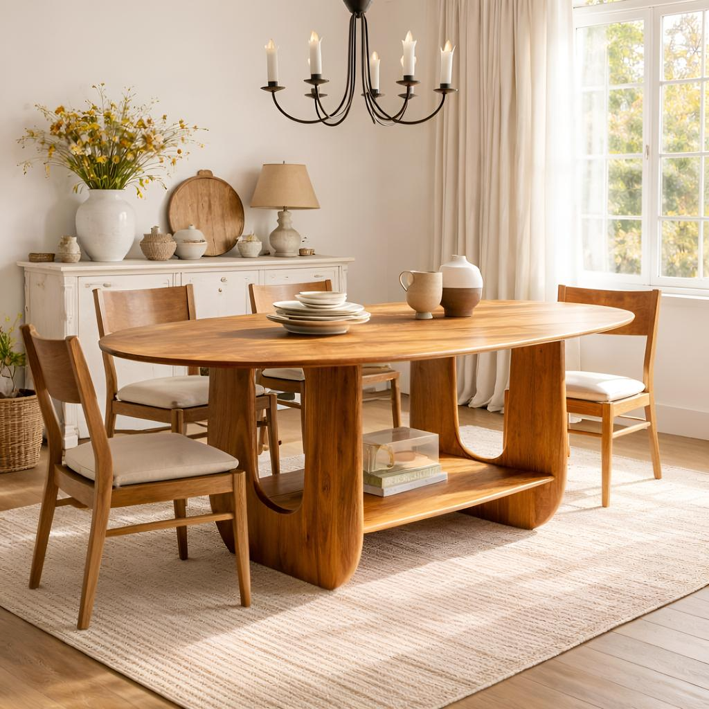 Oval Solid Wood Dining Table with Sculptural Base and Storage Shelf for Dining Room
