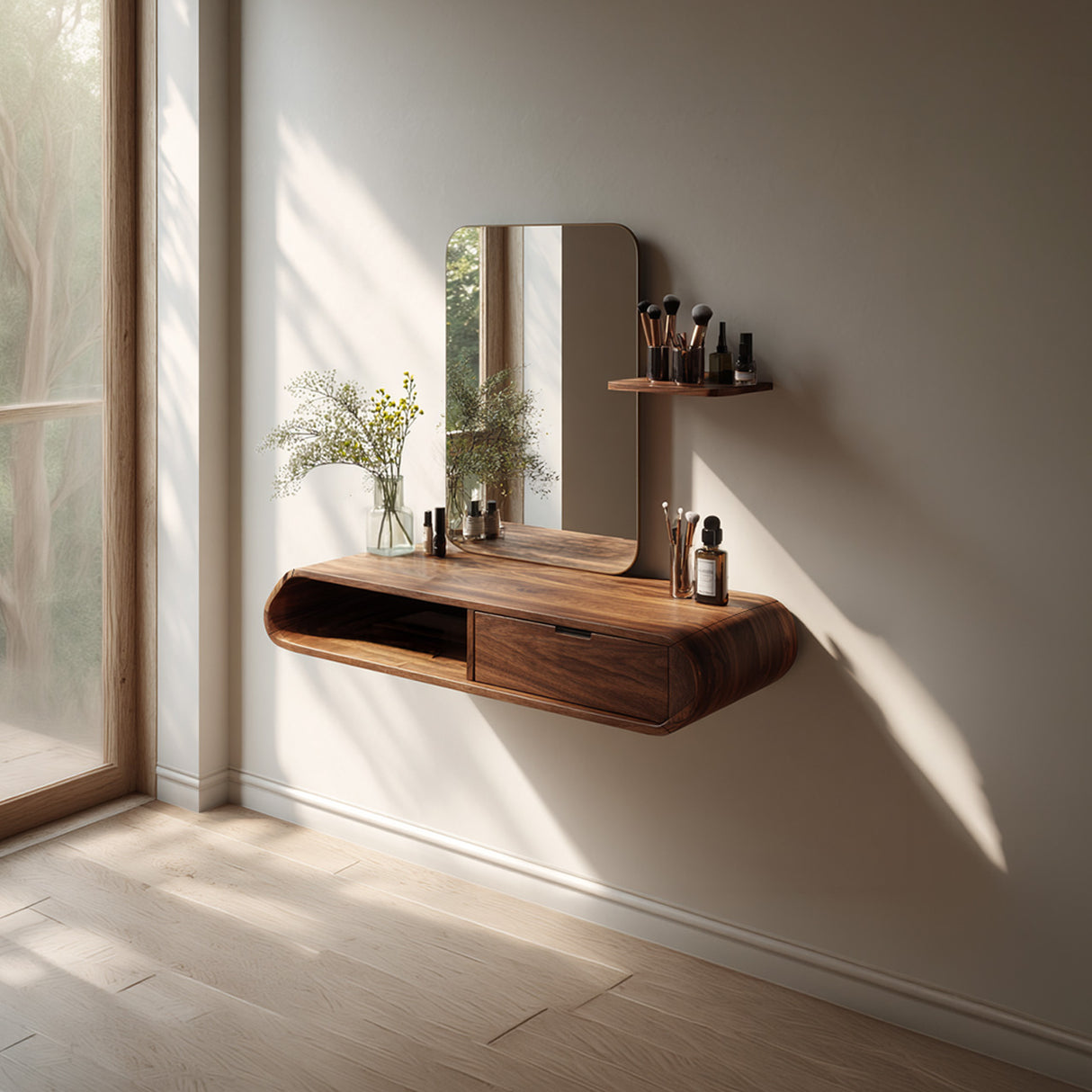 Floating Solid Wood Vanity with Rounded Drawer