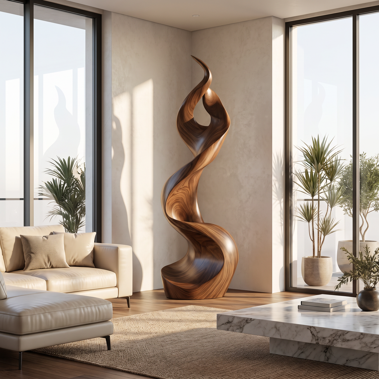Outdoor Solid Wood Spiral Flame Sculpture for Gardens and Modern Landscapes
