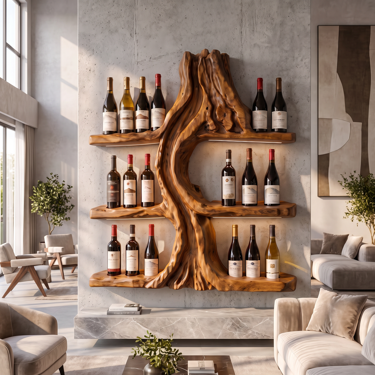 Wine Rack Wall Shelf Solid Wood Volcanic Inspired Design for Dining Room