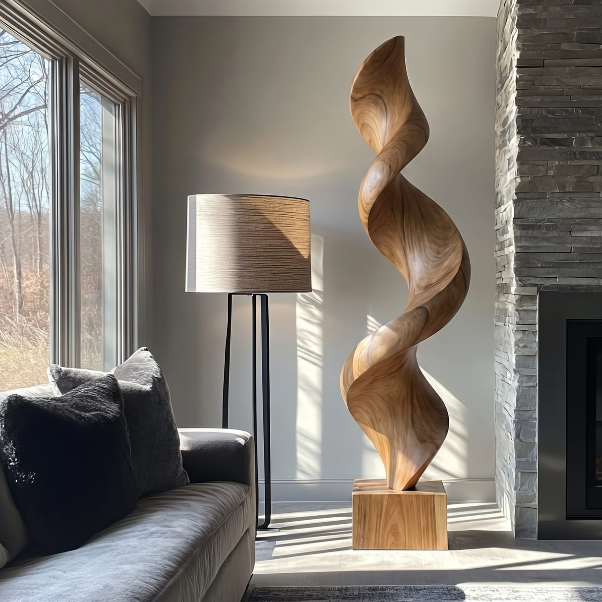 Tall Spiral Solid Wood Floor Sculpture with Plinth for Modern Living Rooms and Contemporary Interiors