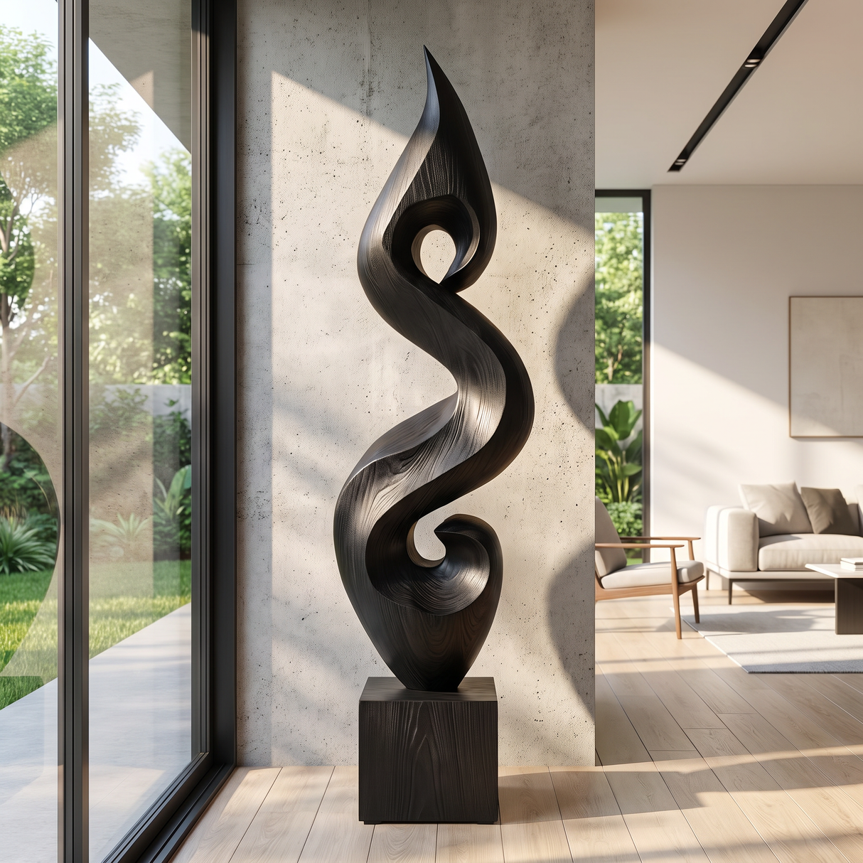 Hand-Carved Organic Flame-Form Solid Wood Sculpture for Modern Interior Spaces