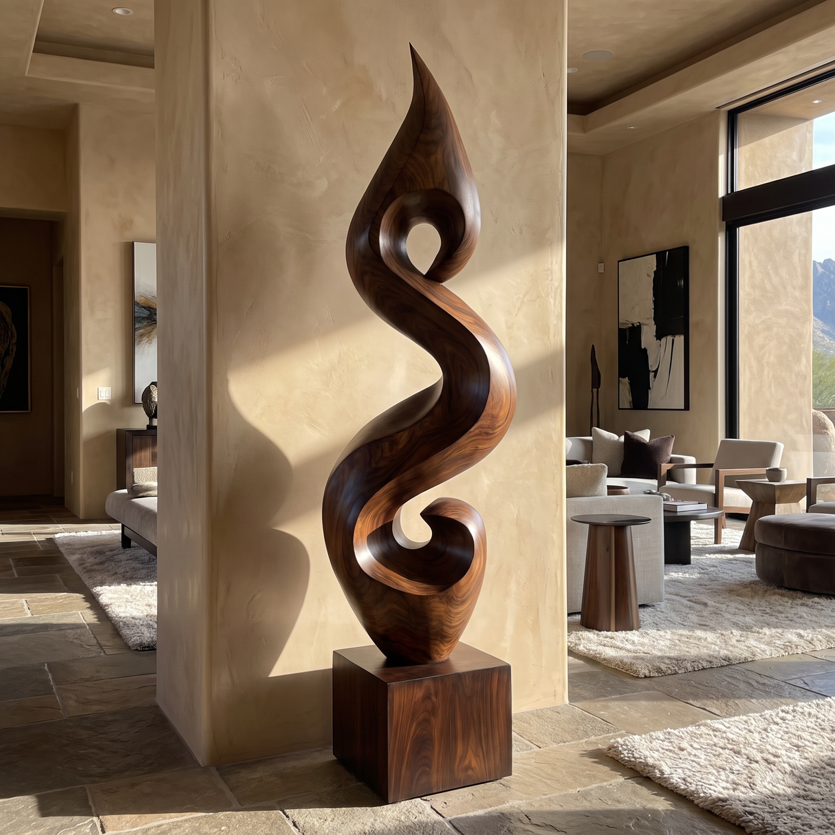 Hand-Carved Organic Flame-Form Solid Wood Sculpture for Modern Interior Spaces