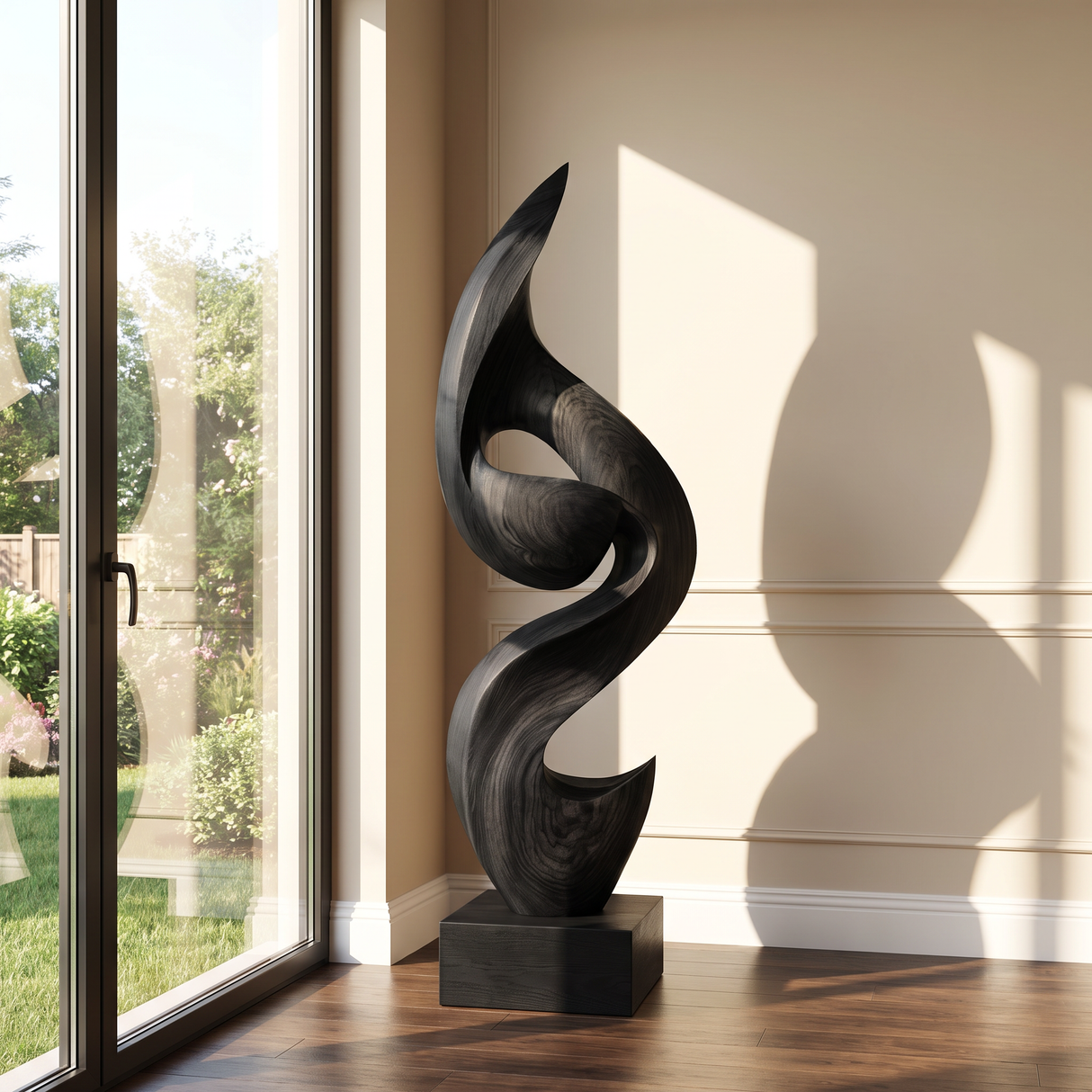 Tall Solid Wood Flowing Curve Floor Sculpture with Plinth for Modern Interiors