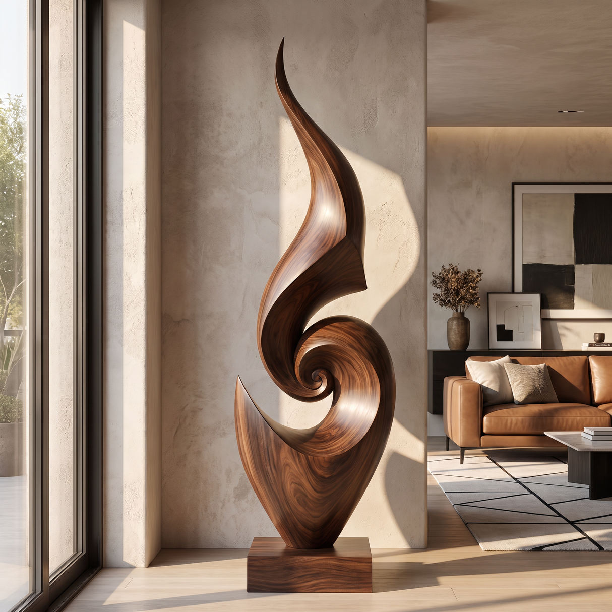 Tall Abstract Solid Wood Floor Sculpture for Luxury Living Room Interiors