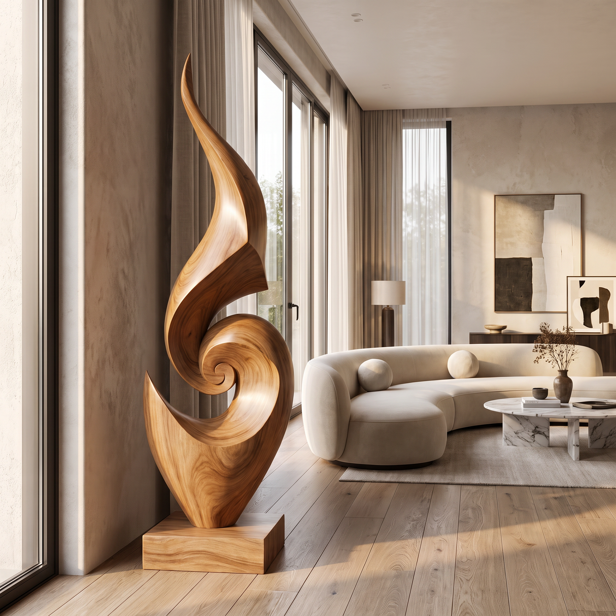Tall Abstract Solid Wood Floor Sculpture for Luxury Living Room Interiors