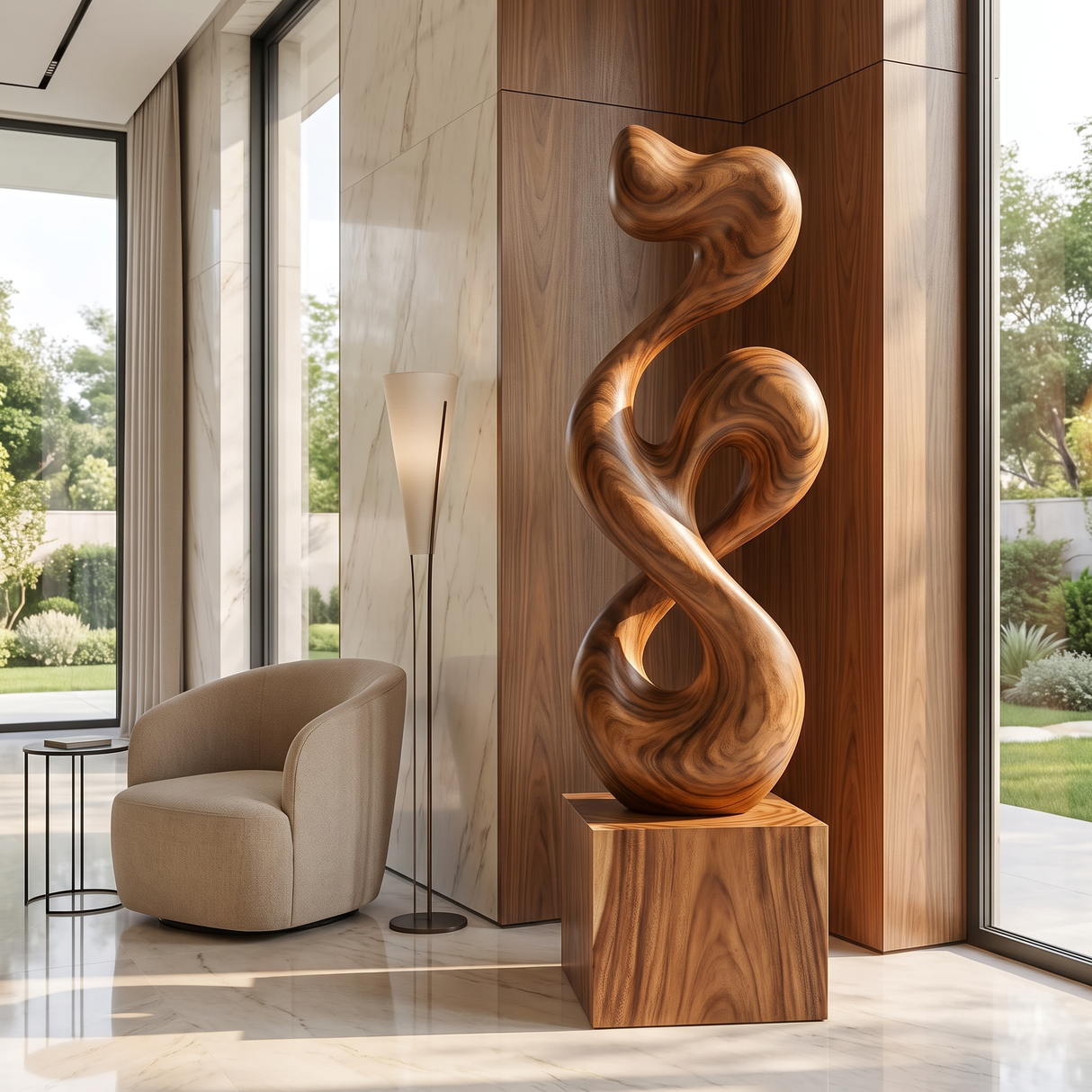 Organic-Form Solid Wood Sculpture for Living Rooms and Offices