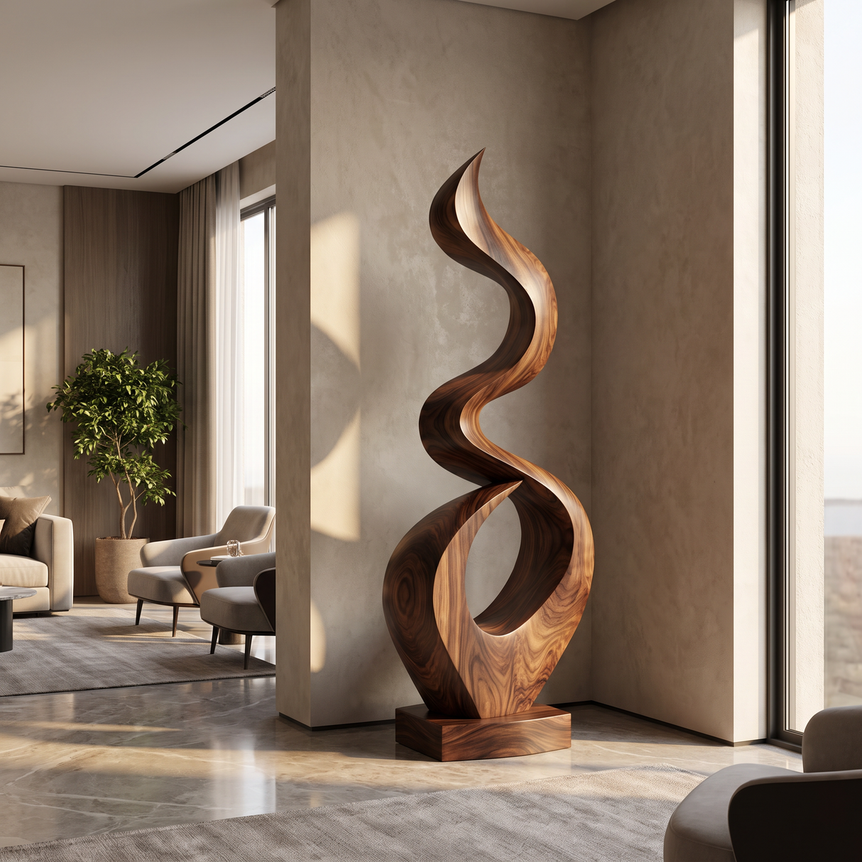 Outdoor Solid Wood Spiral Flame Sculpture for Courtyards, Patios, and Modern Gardens