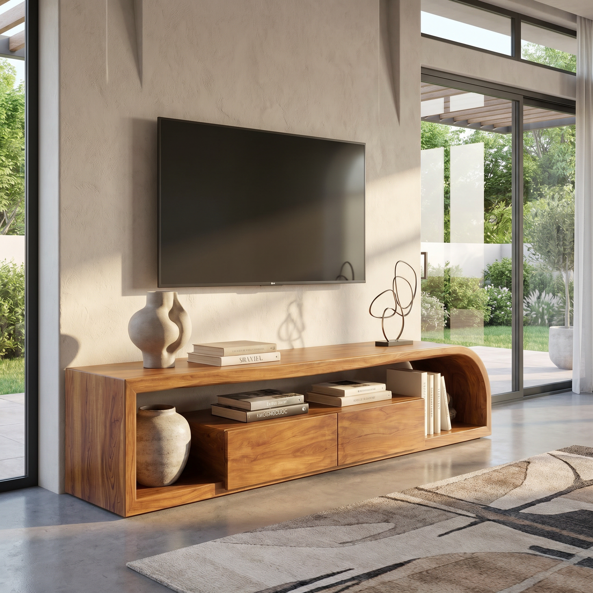 Curved Wood TV Cabinet with Open Shelving, Rustic Modern Media Console for Mediterranean Living Rooms