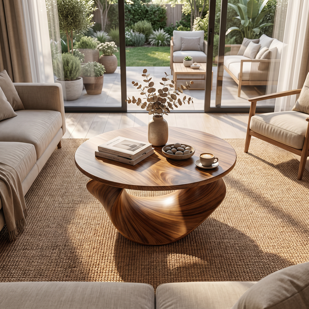 Coffee Table Solid Wood with Sculptural Open Loop Base