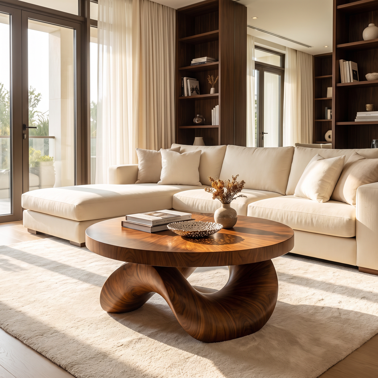 Coffee Table Solid Wood with Sculptural Double Curve Base