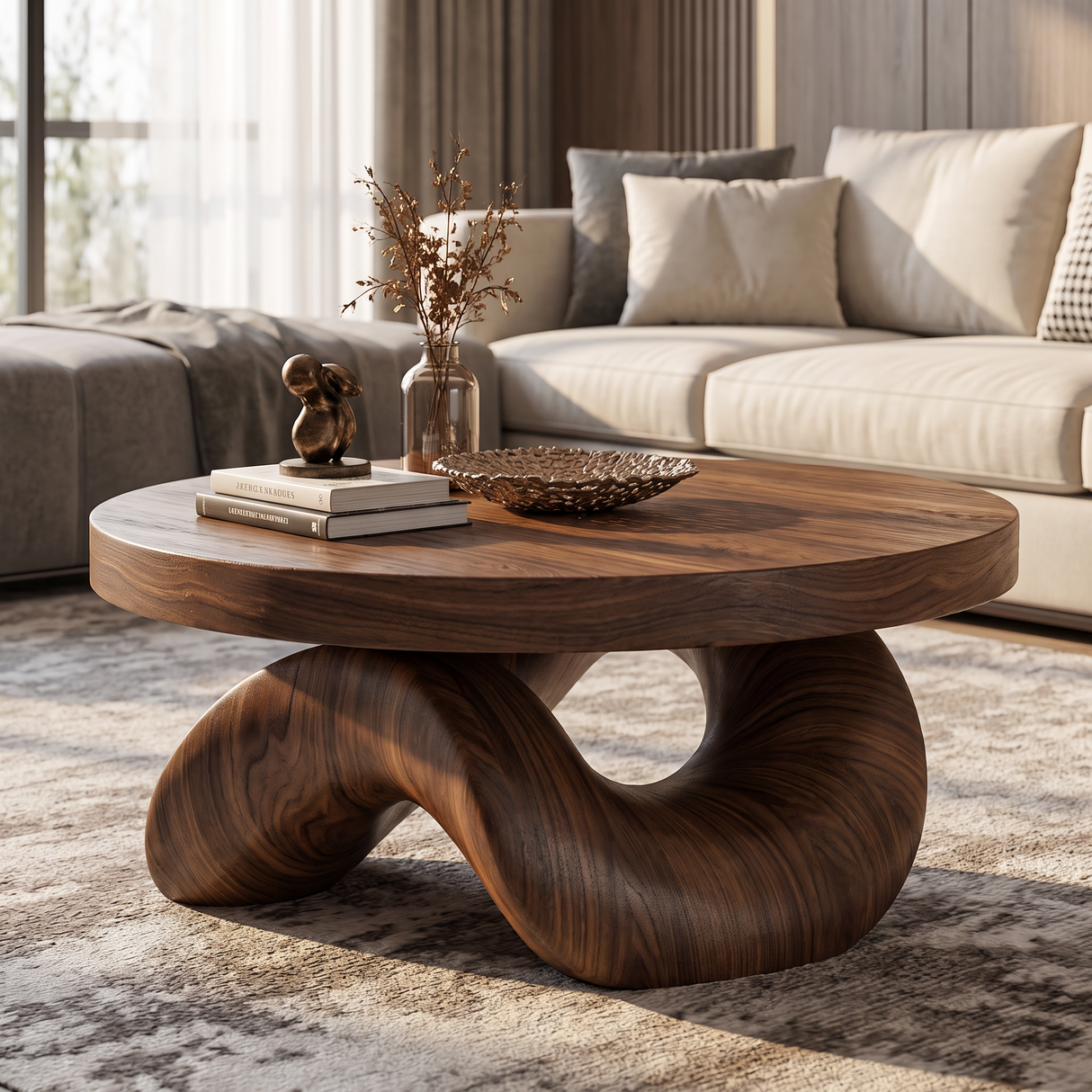 Coffee Table Solid Wood with Sculptural Double Curve Base
