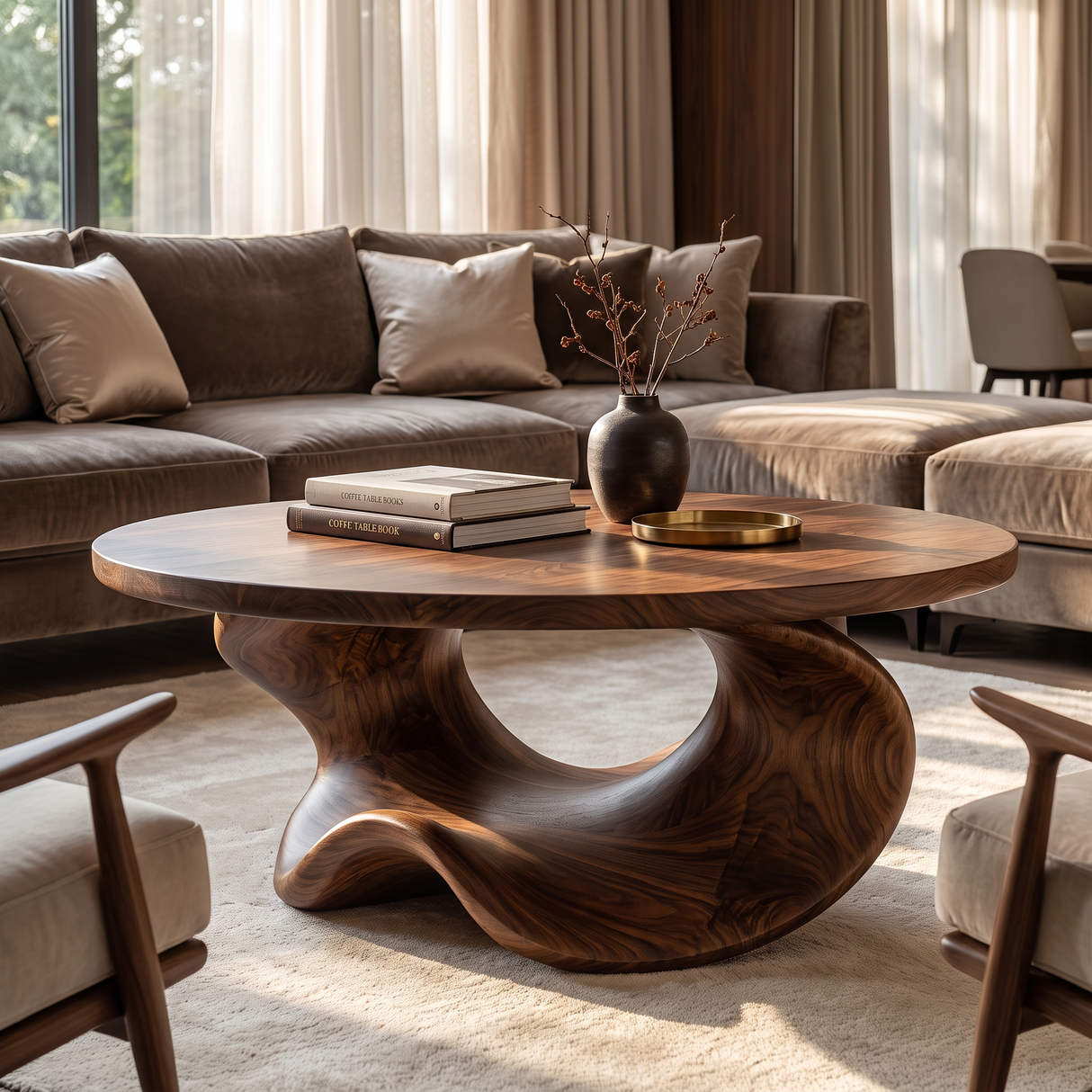 Coffee Table Solid Wood with Sculptural Crescent Base