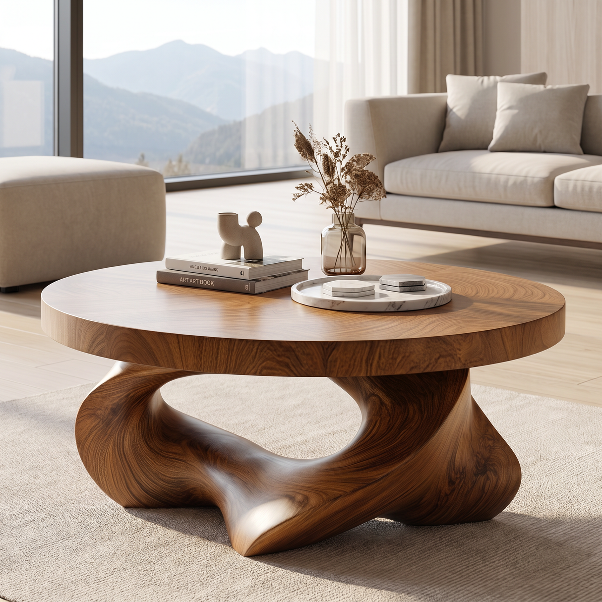 Coffee Table Solid Wood with Sculptural Open Triangular Base