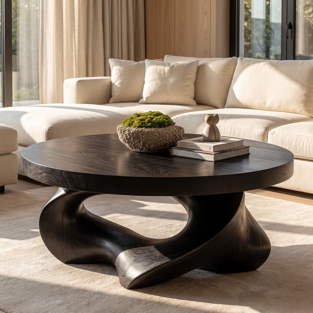 Coffee Table Solid Wood with Sculptural Open Triangular Base