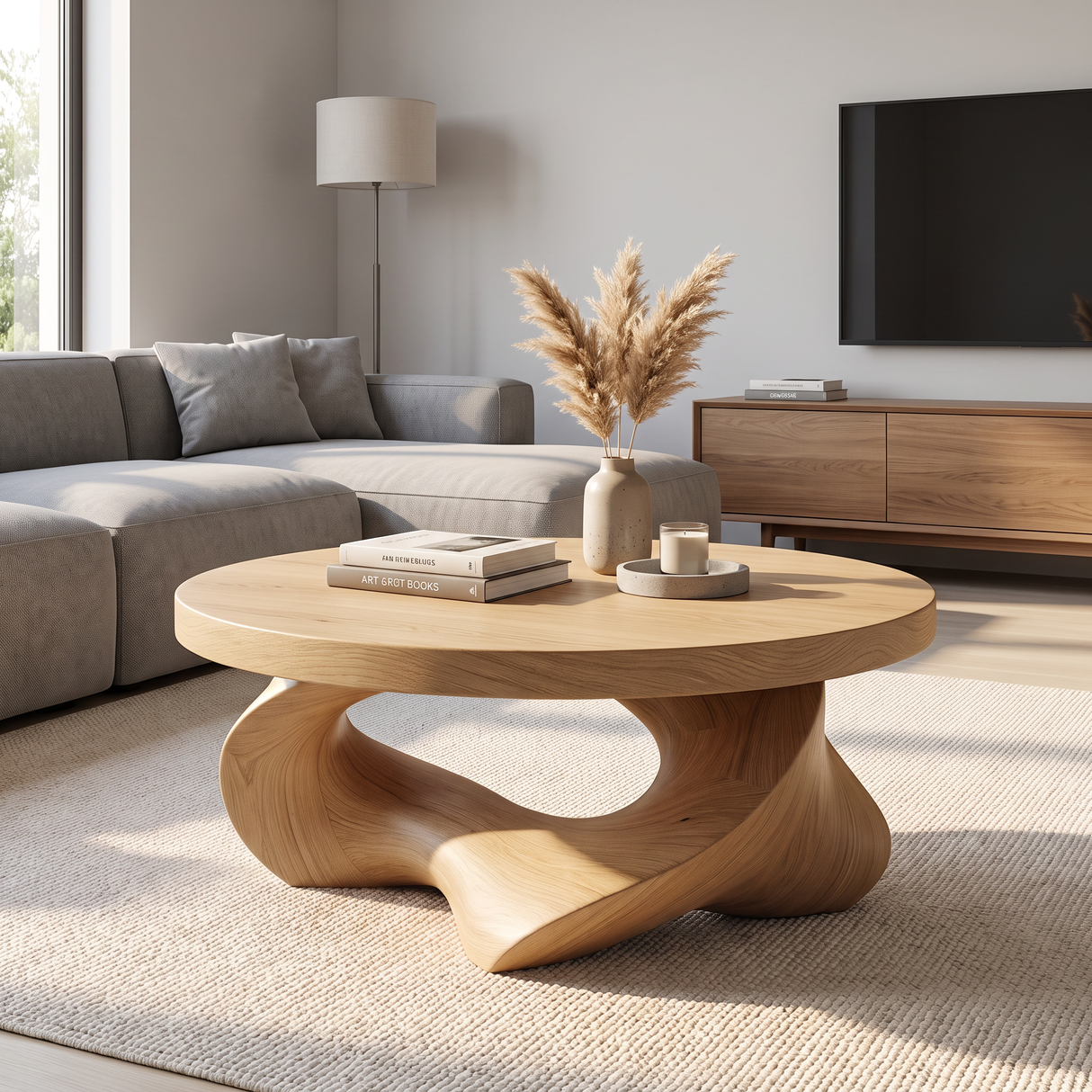 Coffee Table Solid Wood with Sculptural Open Triangular Base