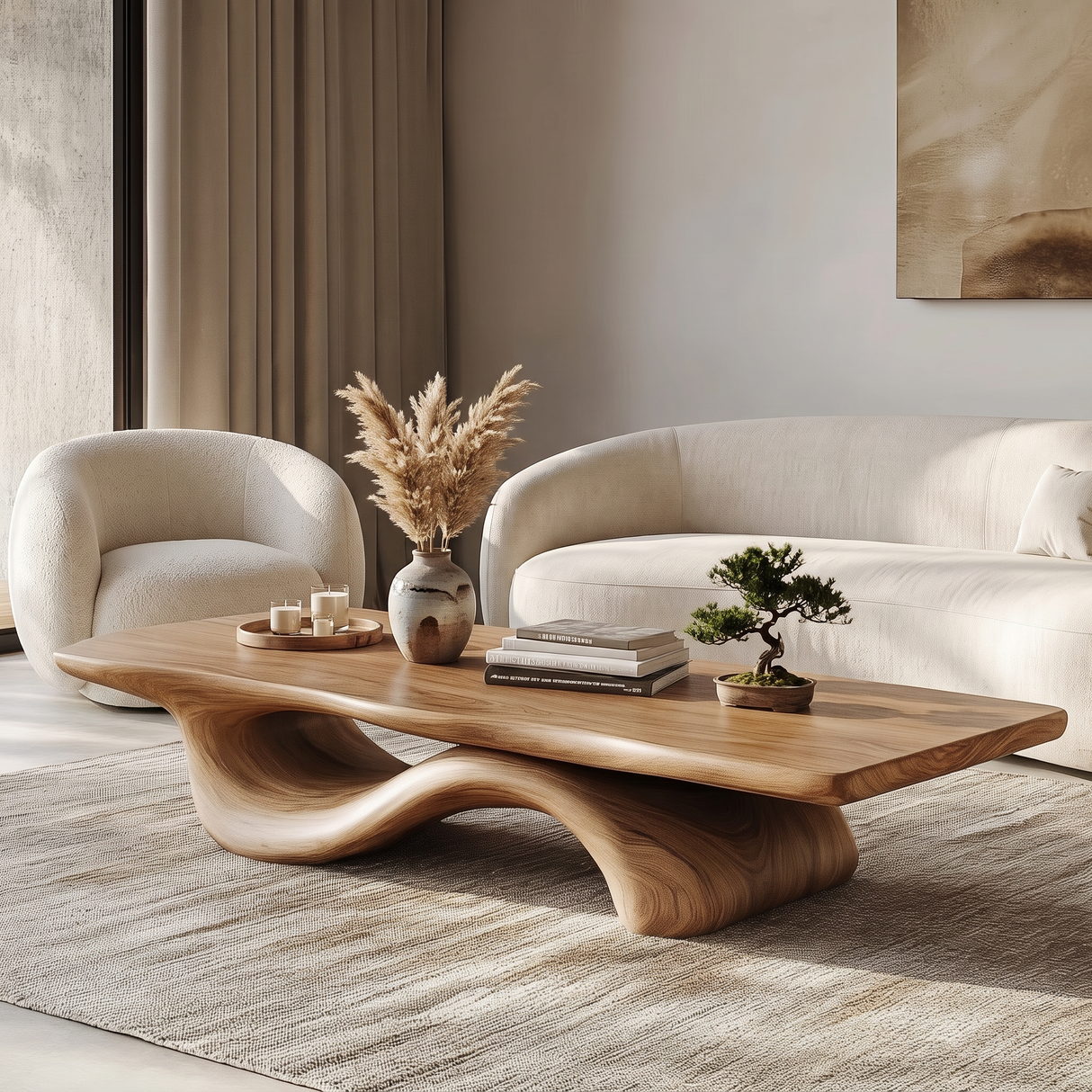 Coffee Table Solid Wood with Sculptural Wave Bridge Base for Living Room