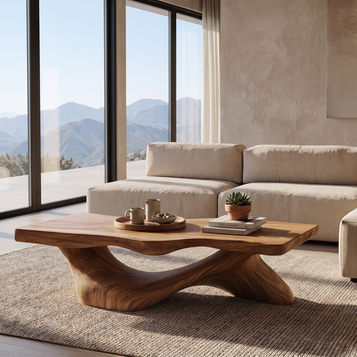 Coffee Table Solid Wood with Sculptural Open Arch Base for Living Room
