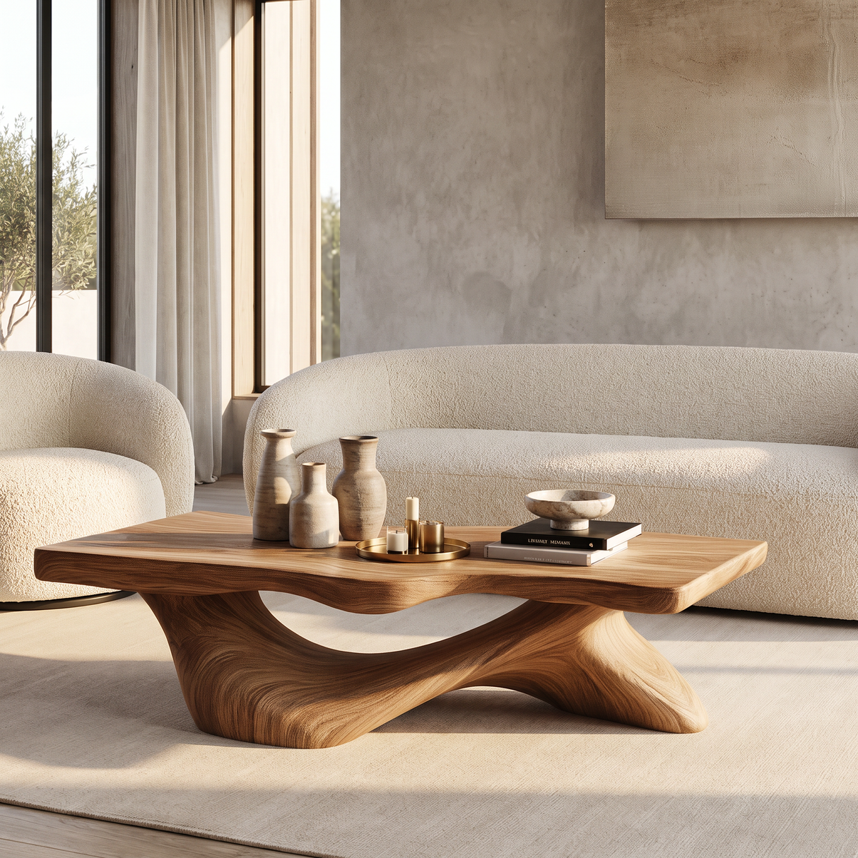 Coffee Table Solid Wood with Sculptural Open Arch Base for Living Room