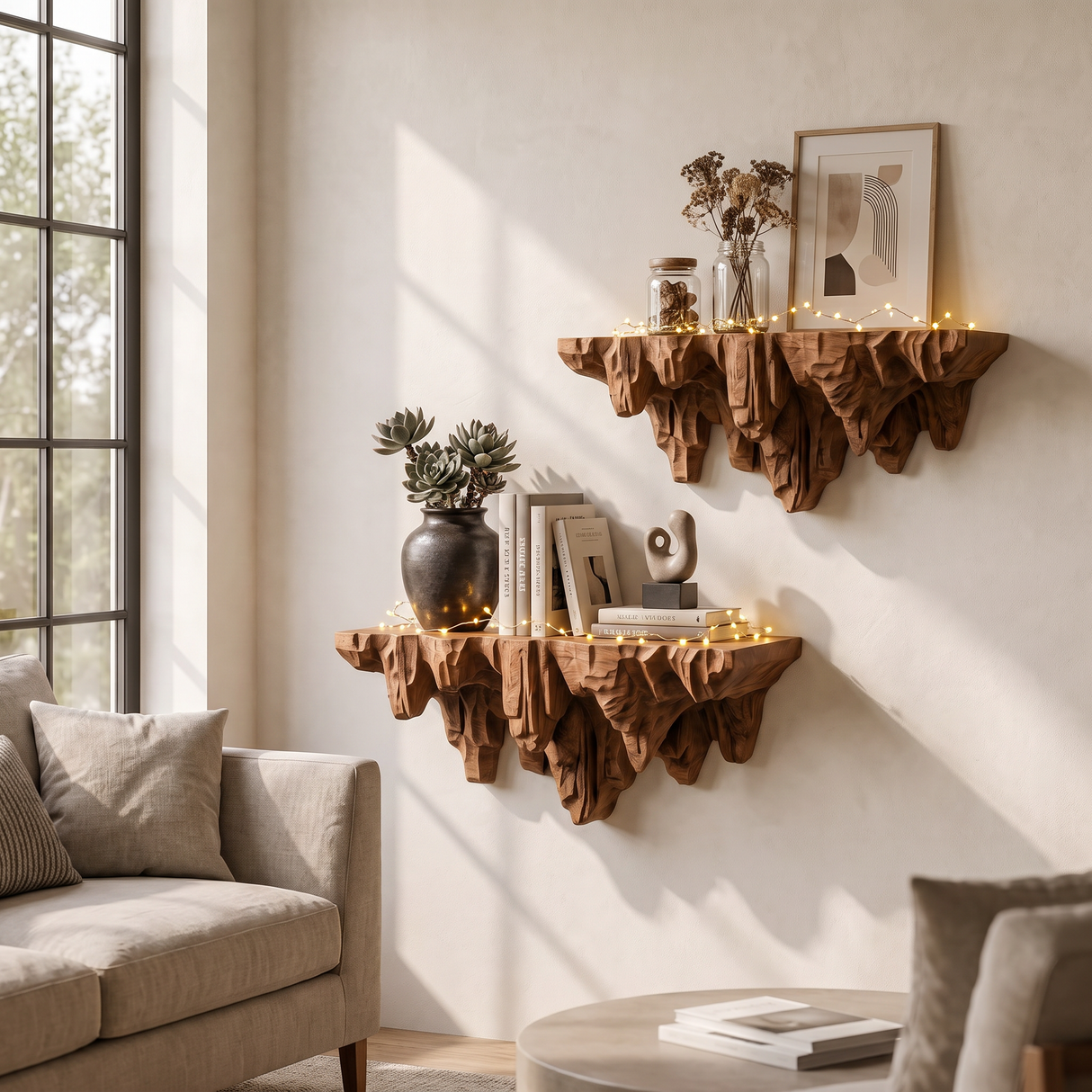 Wall Shelf Solid Wood with Sculptural Carved Cliff Base