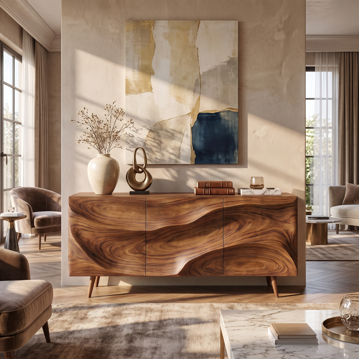Sideboard Cabinet Solid Wood with Sculpted Wave Front for Dining Room Storage