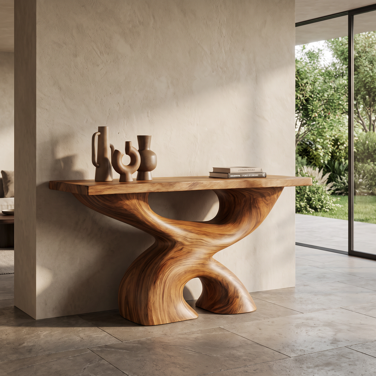 Console Table Solid Wood with Sculptural Double Arch Base for Entryway Decor