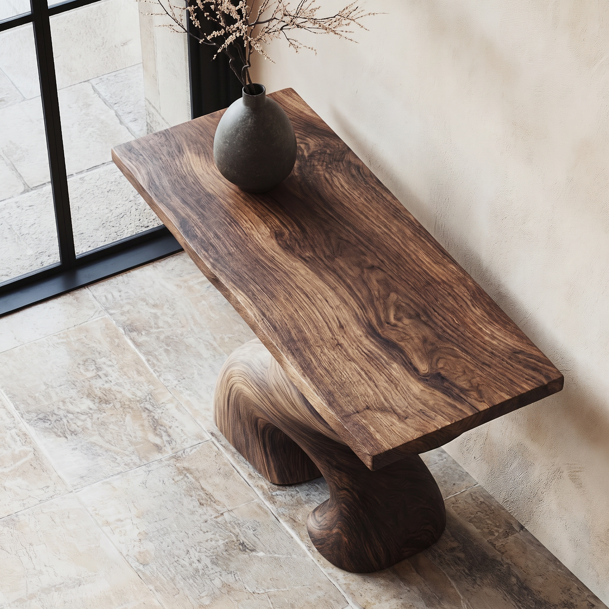 Console Table Solid Wood with Sculptural Double Arch Base for Entryway Decor