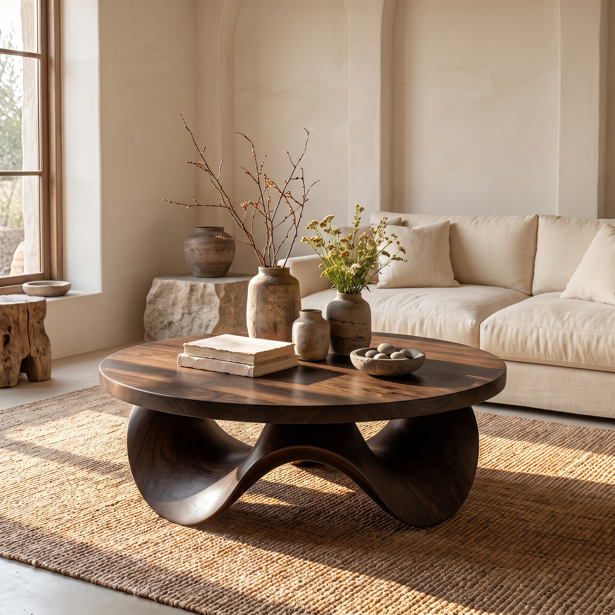 Coffee Table Solid Wood with Sculptural Petal Wave Base