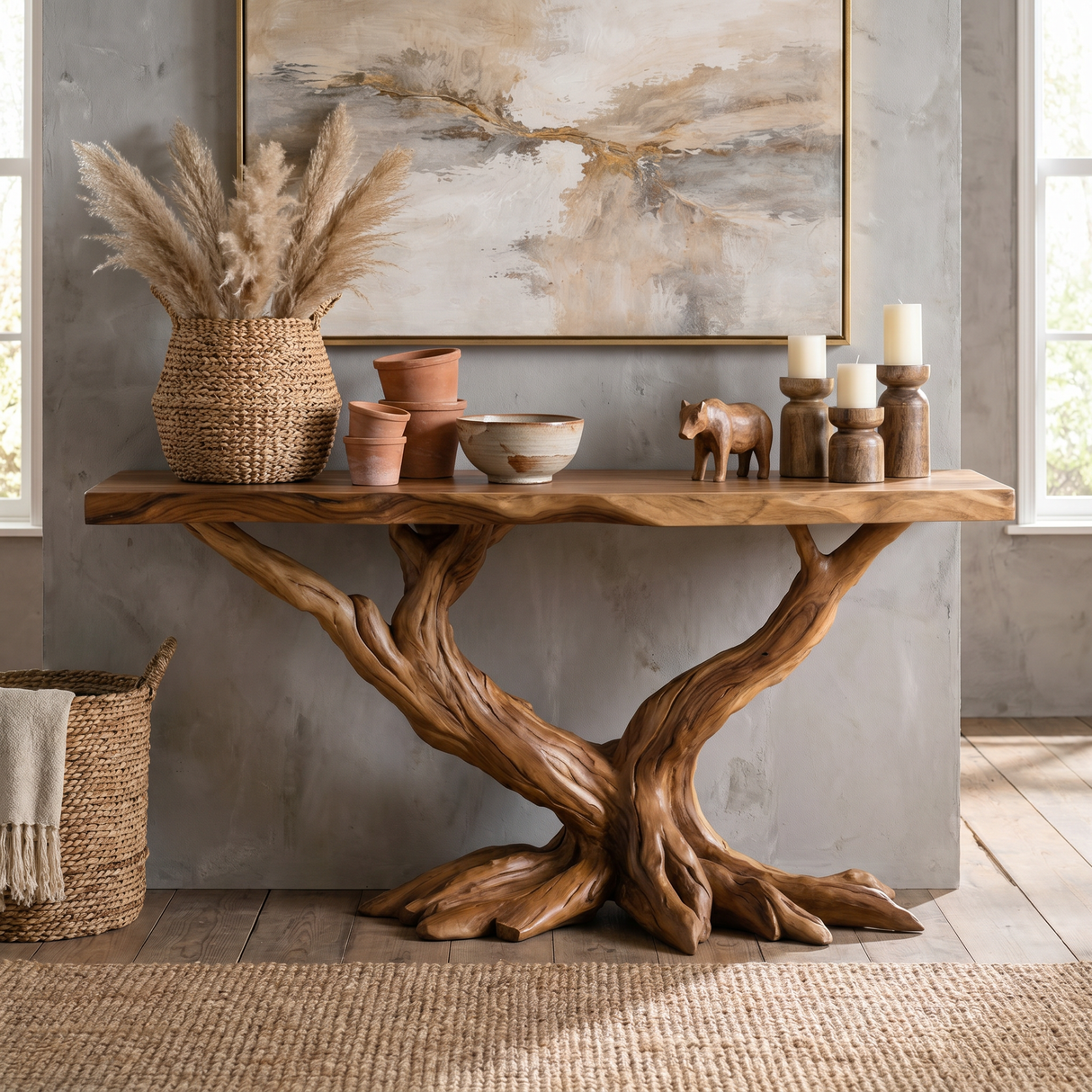 Solid Wood Console Table with Twisted Root Base for Entryway Decor