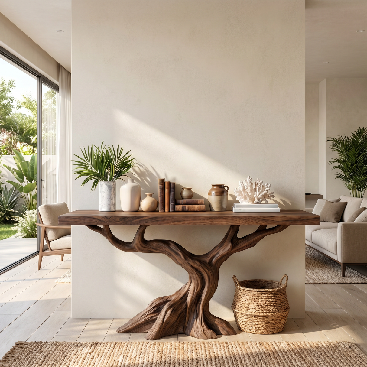 Solid Wood Console Table with Rising Branch Base for Entryway Decor