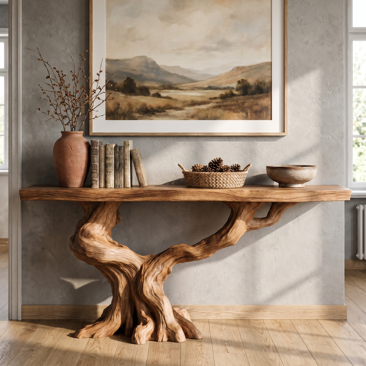 Solid Wood Console Table with Extended Branch Base for Entryway Decor