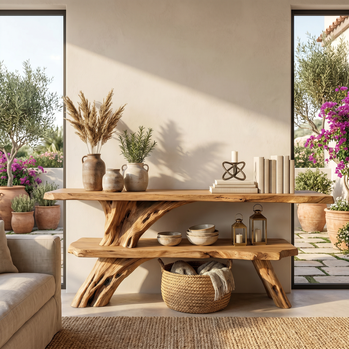 Organic Wooden Console Table Handmade Rustic Display Shelf