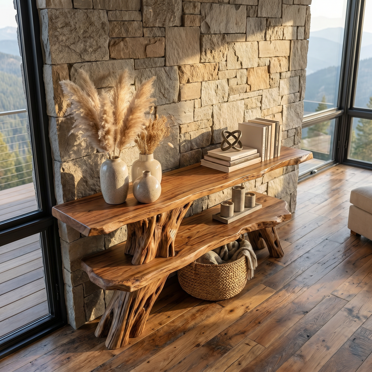 Organic Wooden Console Table Handmade Rustic Display Shelf