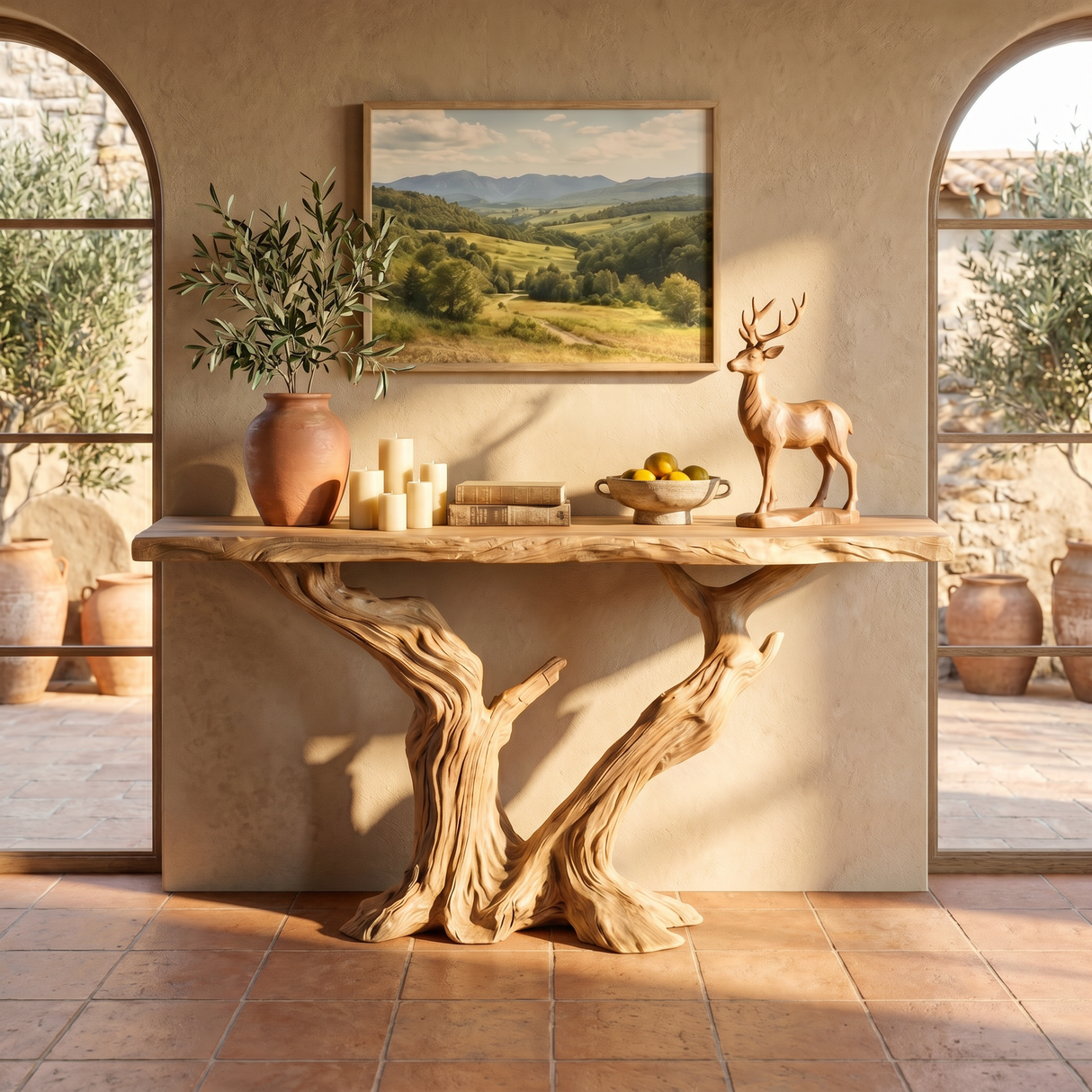 Solid Wood Console Table with Twin Trunk Base for Entryway Decor