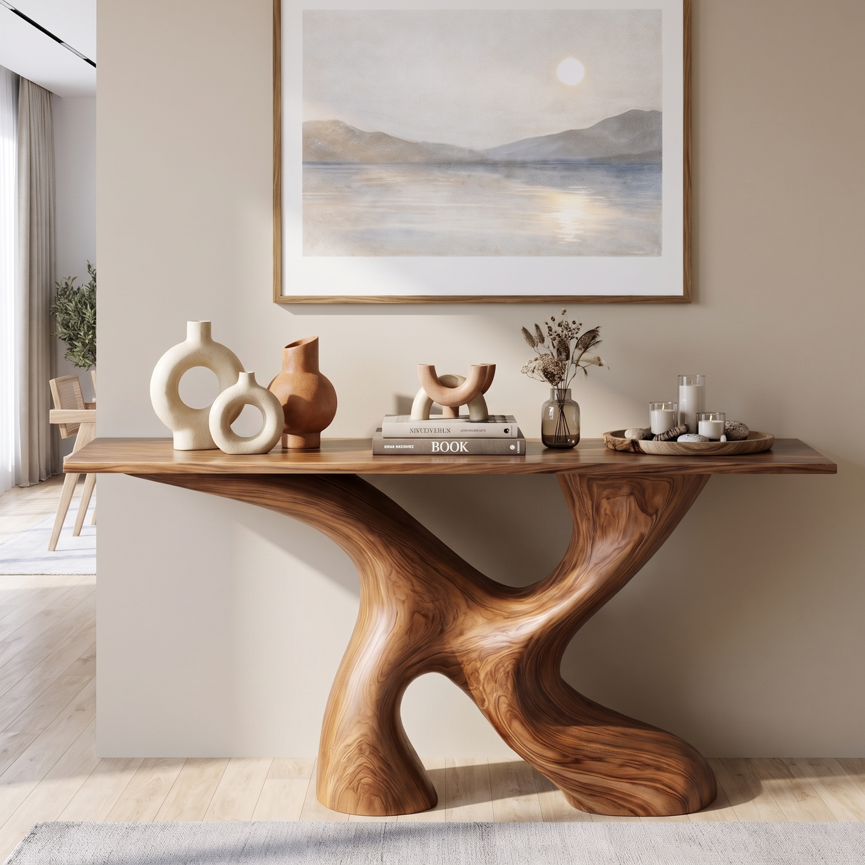 Console Table Solid Wood with Organic X Base for Entryway Decor