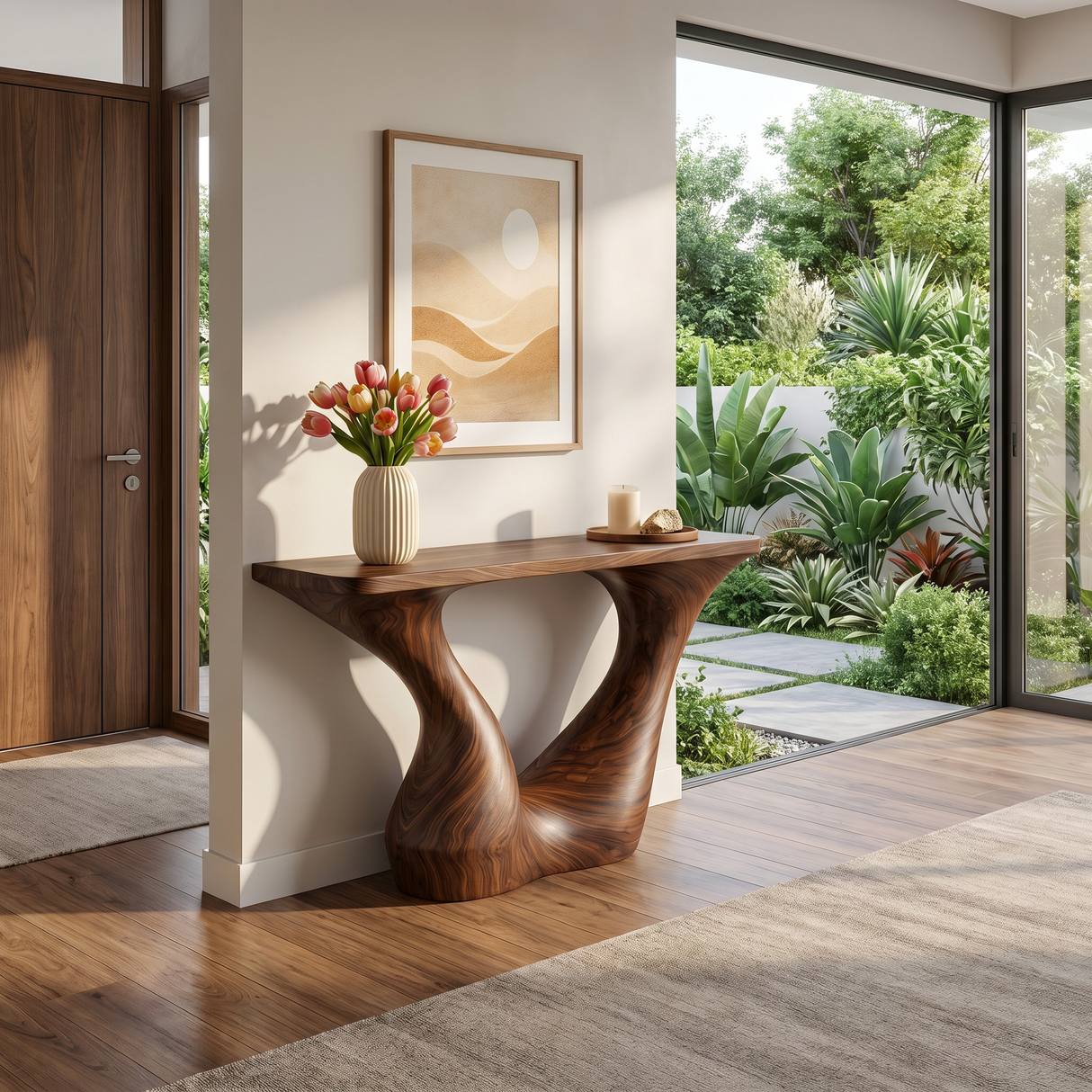 Sculptural Solid Wood Console Table with Open Arch Base