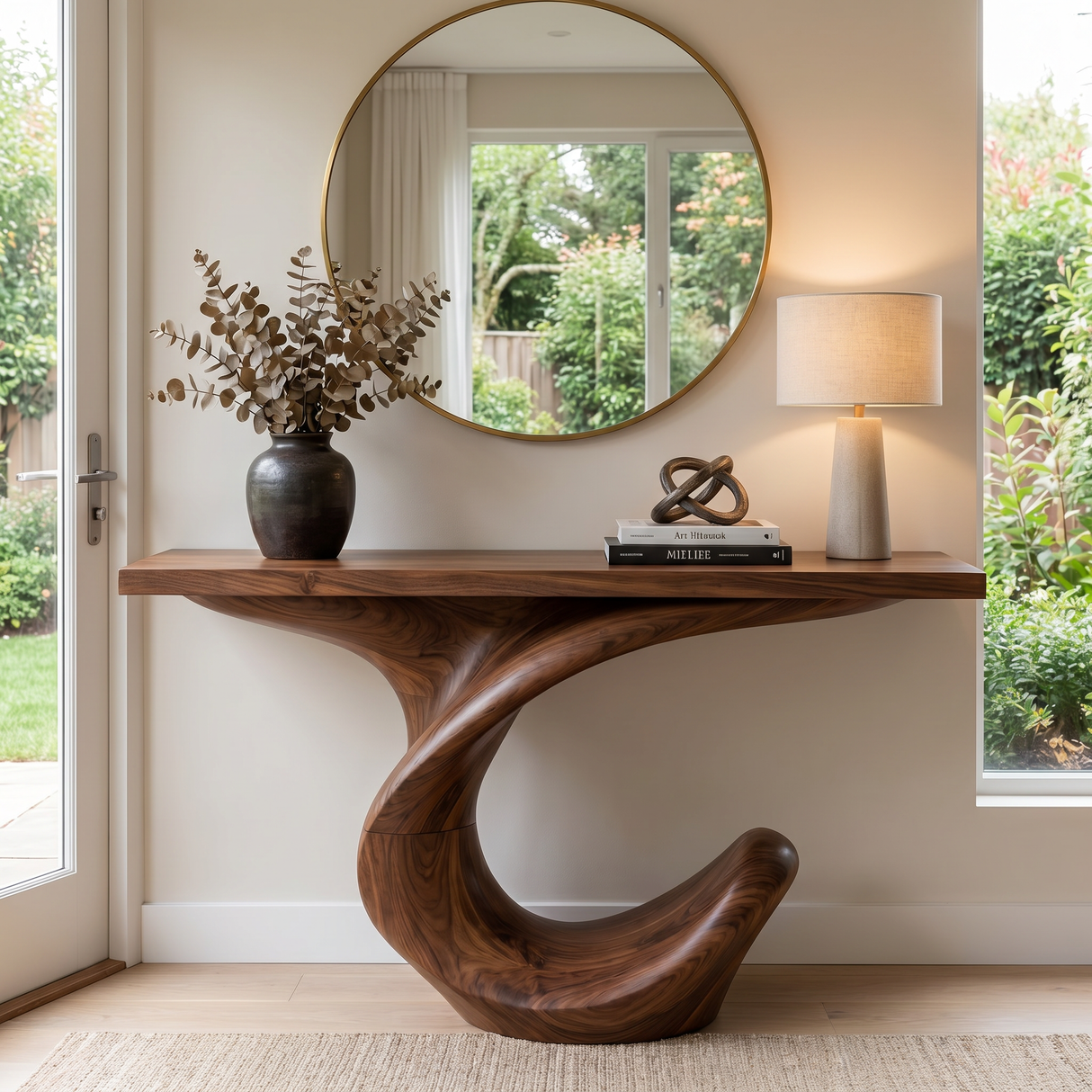 Console Table Solid Wood with Curved Crescent Base for Entryway Decor