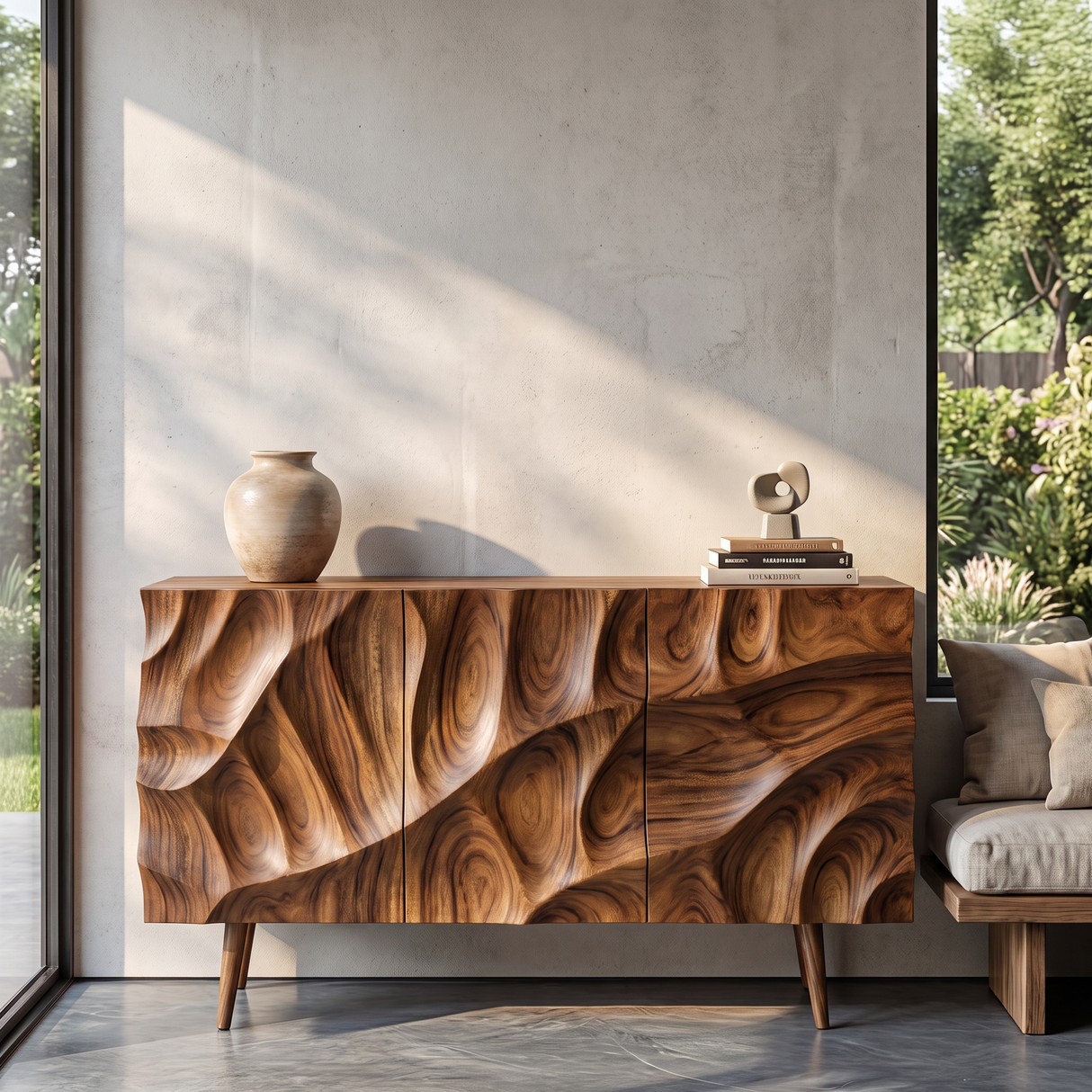 Sideboard Cabinet Solid Wood with Sculpted Layered Relief Doors for Living Room Storage