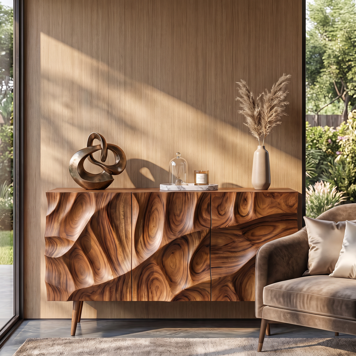 Sideboard Cabinet Solid Wood with Sculpted Layered Relief Doors for Living Room Storage