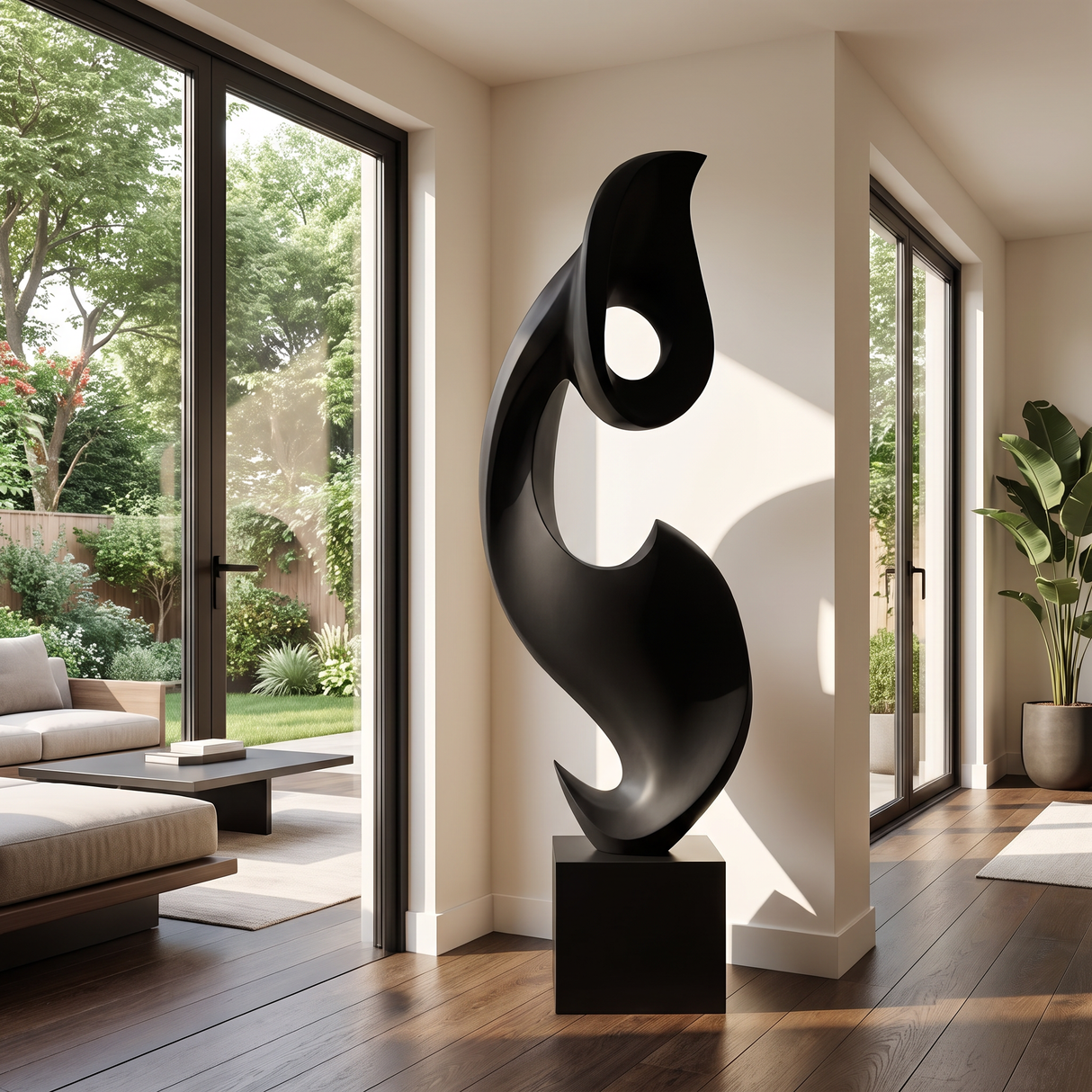 Tall Solid Wood Abstract Floor Sculpture with Plinth for Modern Interiors