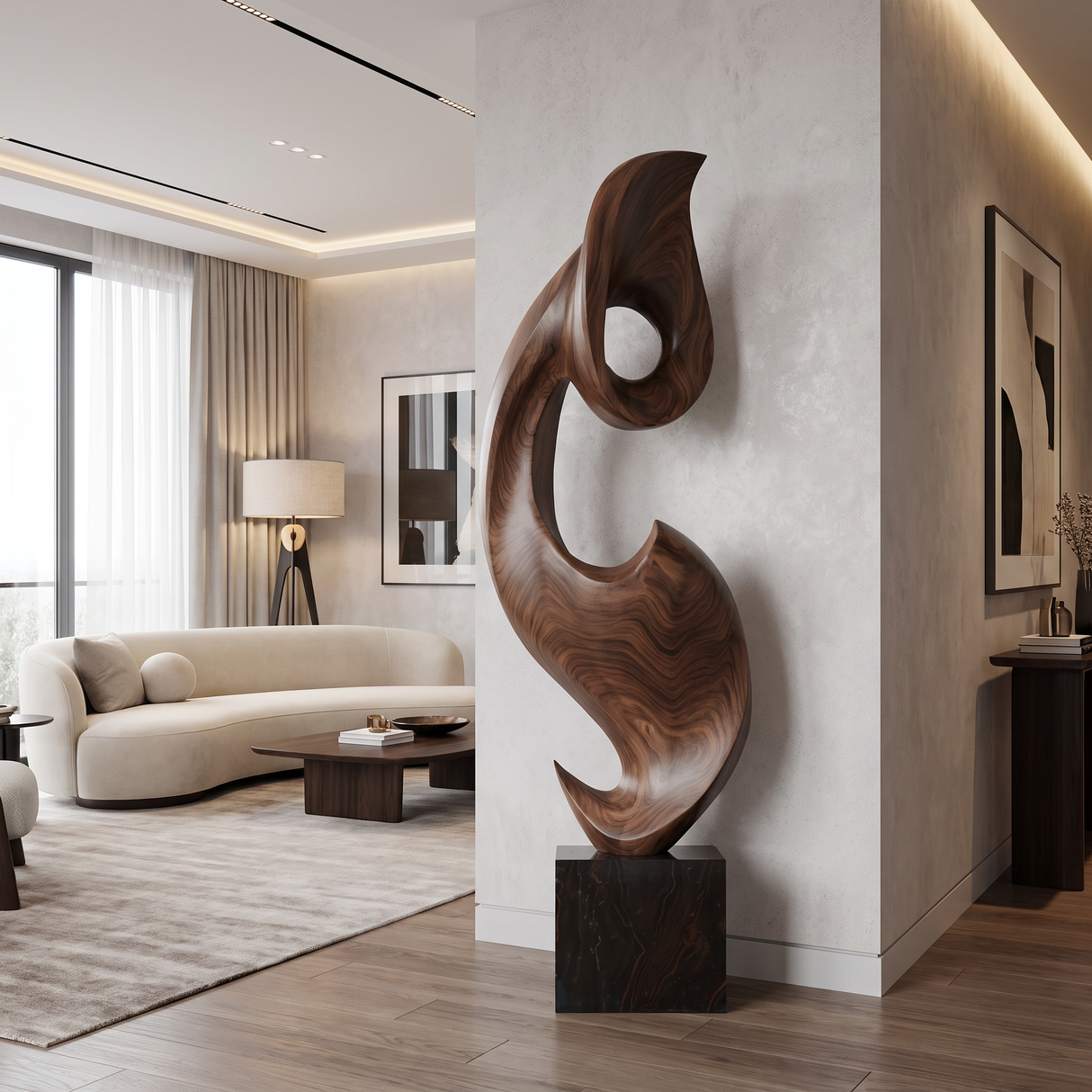 Tall Solid Wood Abstract Floor Sculpture with Plinth for Modern Interiors