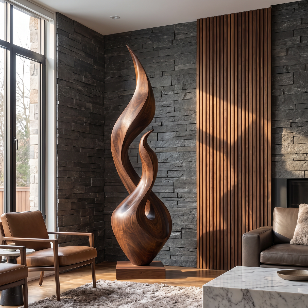 Tall Solid Wood Flame Floor Sculpture for Modern Interiors