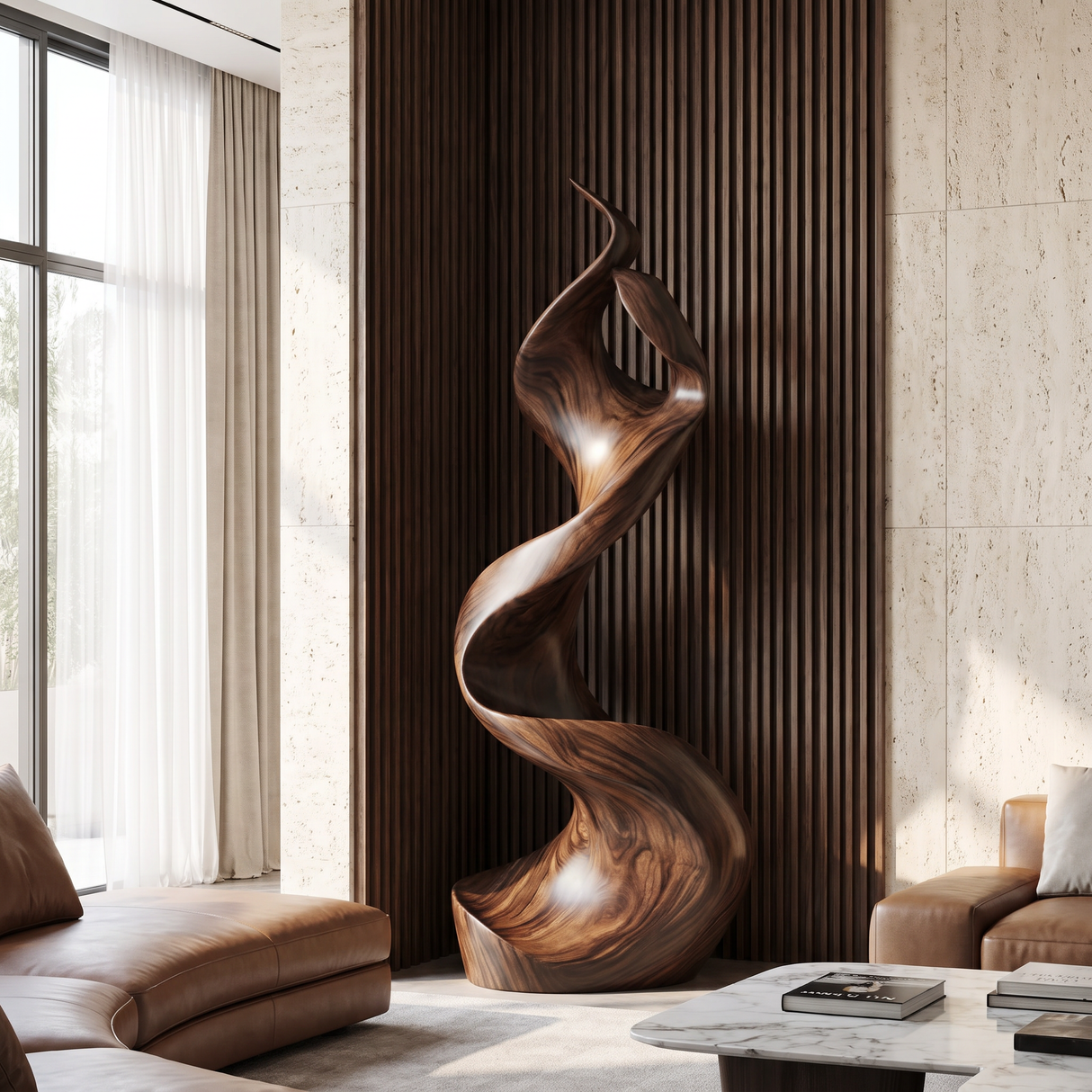 Flame-Inspired Solid Wood Sculpture for Contemporary Interiors