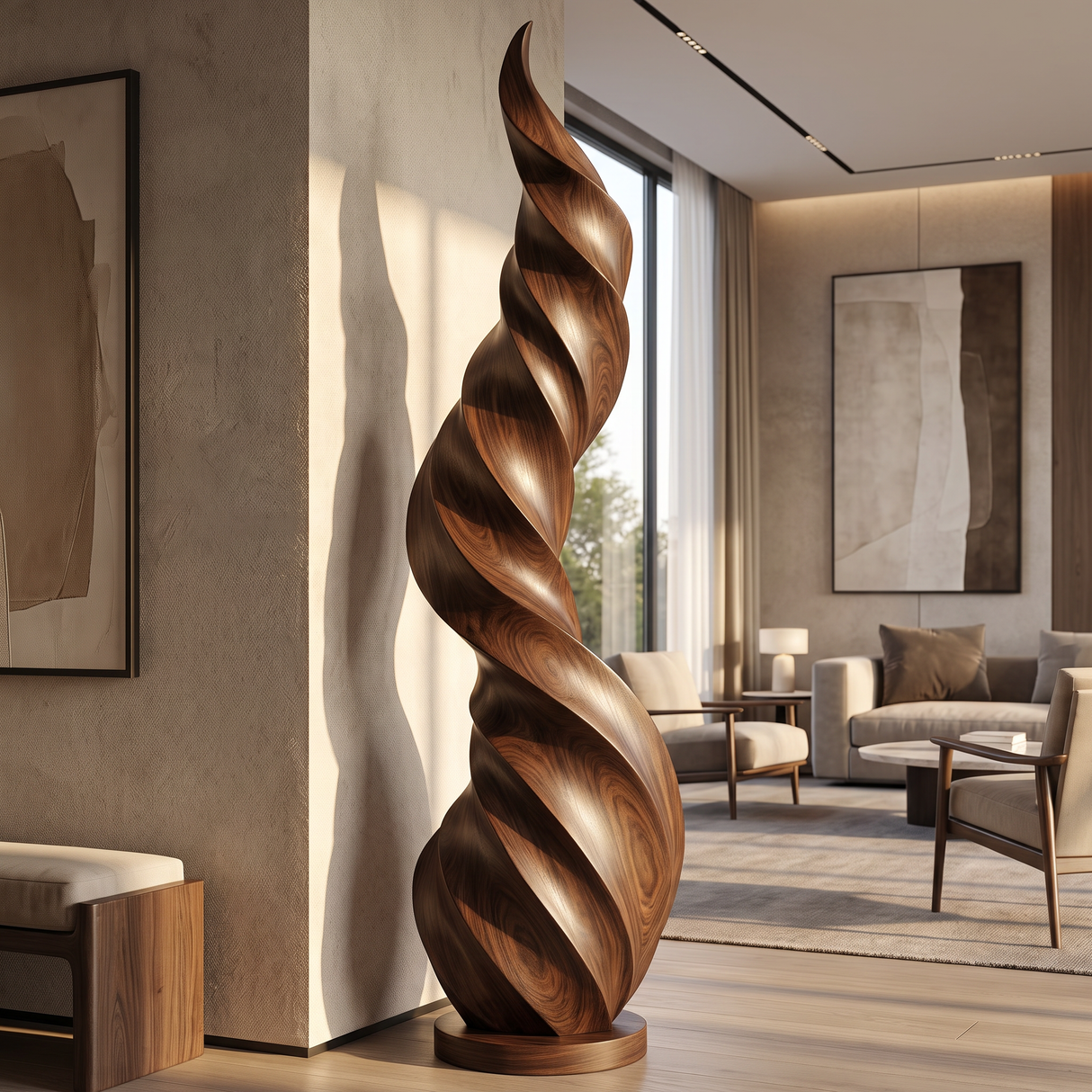 Tall Solid Wood Twisted Flame Sculpture for Entryways and Modern Spaces