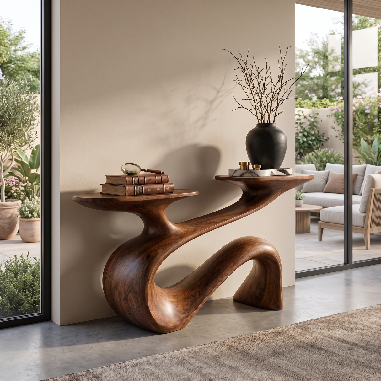 Console Table Solid Wood with Flowing Curved Base for Entryway Decor